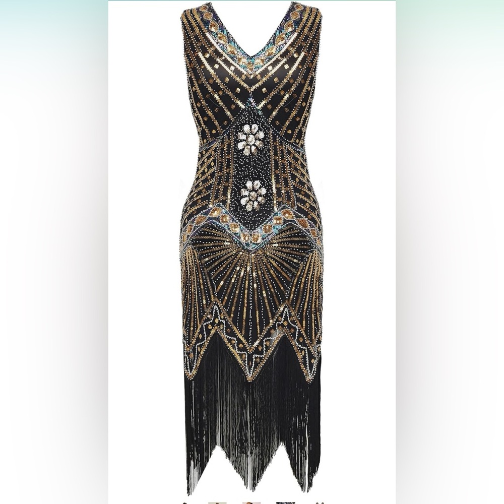 BABEYOND Flapper  Black and Gold Beaded Fringe Dress